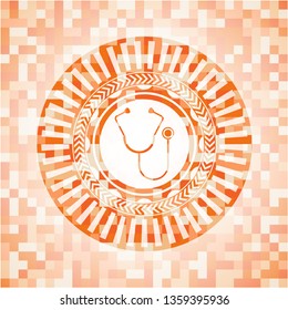 stethoscope icon inside abstract orange mosaic emblem with background