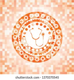 stethoscope icon inside abstract orange mosaic emblem with background