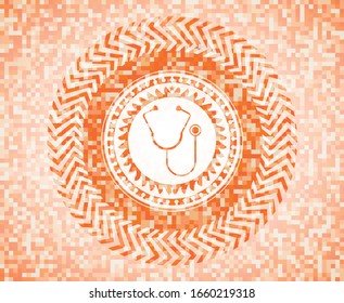 stethoscope icon inside abstract orange mosaic emblem with background