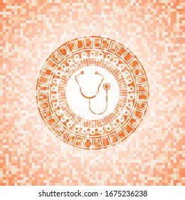 stethoscope icon inside abstract orange mosaic emblem with background