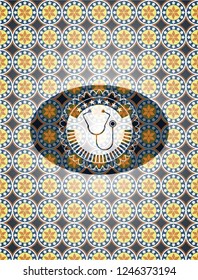 stethoscope icon inside arabesque emblem background. arabic decoration.