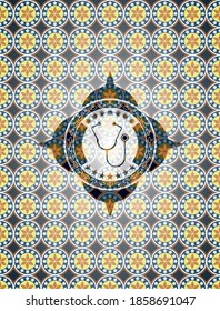stethoscope icon inside arabesque emblem background. arabic decoration. 
