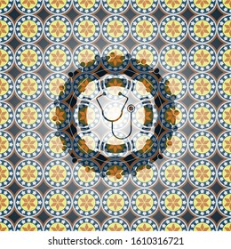 stethoscope icon inside arabesque style emblem. arabic decoration.