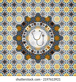 stethoscope icon inside arabic badge. Arabesque decoration. 
