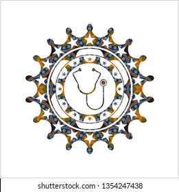 stethoscope icon inside arabic emblem background. Arabesque decoration.