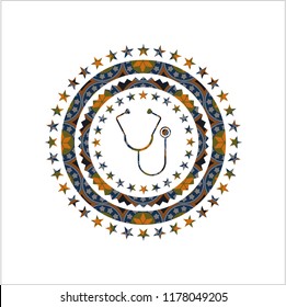stethoscope icon inside arabic style emblem. Arabesque decoration.