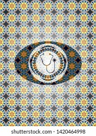 stethoscope icon inside arabic style badge. Arabesque decoration.