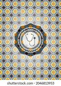 stethoscope icon inside arabic style badge. Arabesque decoration. 