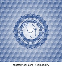 stethoscope icon inside blue badge with geometric background.