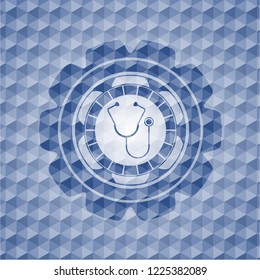stethoscope icon inside blue badge with geometric pattern.