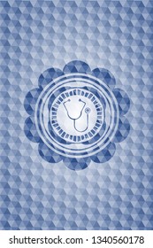 stethoscope icon inside blue badge with geometric pattern.