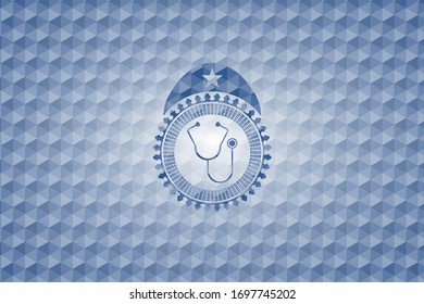 stethoscope icon inside blue badge with geometric pattern background.