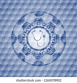 stethoscope icon inside blue emblem with geometric pattern.