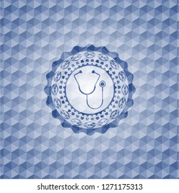 stethoscope icon inside blue emblem or badge with abstract geometric pattern background.