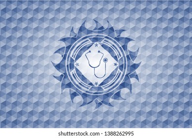 stethoscope icon inside blue emblem with geometric pattern background.
