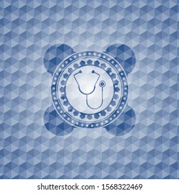 stethoscope icon inside blue emblem or badge with abstract geometric polygonal pattern background.