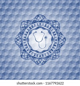stethoscope icon inside blue polygonal emblem.