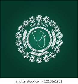 stethoscope icon inside chalkboard emblem on black board