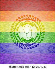 stethoscope icon inside emblem on mosaic background with the colors of the LGBT flag