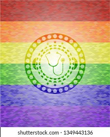 stethoscope icon inside emblem on mosaic background with the colors of the LGBT flag