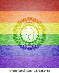 stethoscope icon inside emblem on mosaic background with the colors of the LGBT flag