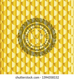 stethoscope icon inside gold emblem. Scales pattern. Vector Illustration. Detailed.