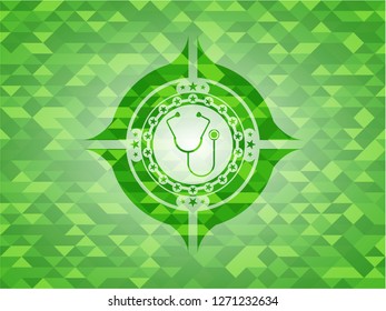 stethoscope icon inside green emblem with mosaic background