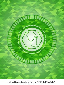 stethoscope icon inside green emblem with mosaic ecological style background