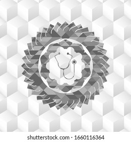 stethoscope icon inside grey badge with geometric cube white background