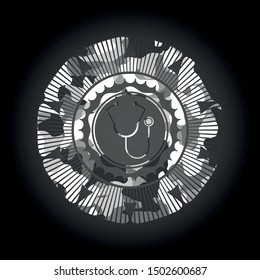 stethoscope icon inside grey camouflaged emblem