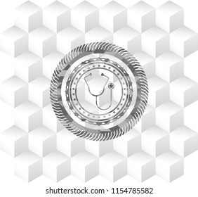 stethoscope icon inside grey emblem. Retro with geometric cube white background