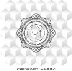 stethoscope icon inside grey emblem. Vintage with geometric cube white background