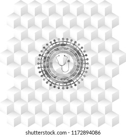 stethoscope icon inside grey emblem with cube white background