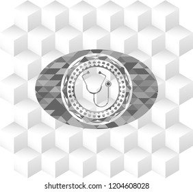stethoscope icon inside grey emblem. Retro with geometric cube white background