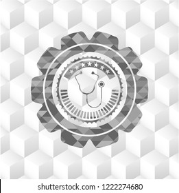 stethoscope icon inside grey emblem. Vintage with geometric cube white background