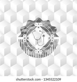 stethoscope icon inside grey emblem. Vintage with geometric cube white background