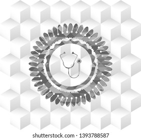 stethoscope icon inside grey emblem with geometric cube white background