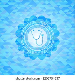 stethoscope icon inside light blue emblem with triangle mosaic background