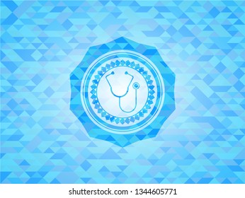 stethoscope icon inside light blue emblem with mosaic ecological style background