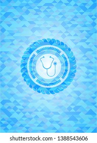 stethoscope icon inside light blue emblem with triangle mosaic background