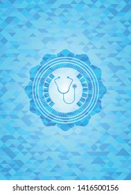 stethoscope icon inside light blue emblem with triangle mosaic background