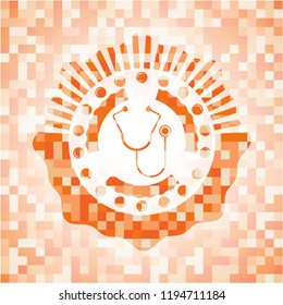 stethoscope icon inside orange mosaic emblem with background