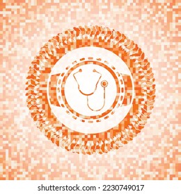 icono del estetoscopio dentro del emblema del mosaico naranja con fondo. 