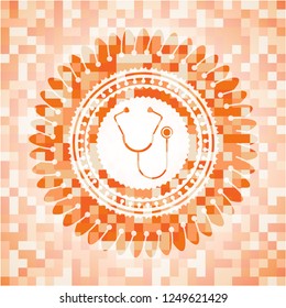 stethoscope icon inside orange tile background illustration. Square geometric mosaic seamless pattern with emblem inside.