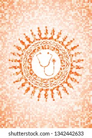 stethoscope icon inside orange tile background illustration. Square geometric mosaic seamless pattern with emblem inside.