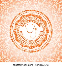 stethoscope icon inside orange tile background illustration. Square geometric mosaic seamless pattern with emblem inside.