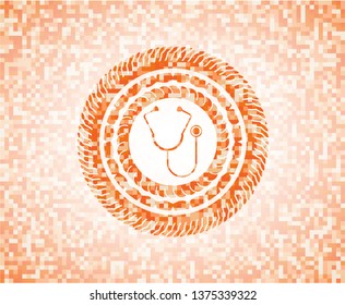 stethoscope icon inside orange tile background illustration. Square geometric mosaic seamless pattern with emblem inside.