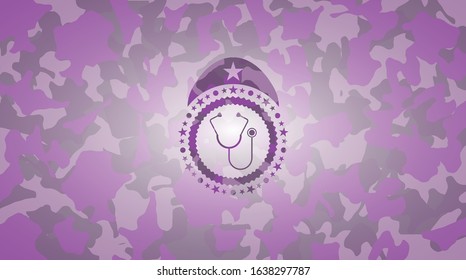 stethoscope icon inside pink and purple camouflage texture