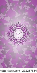 stethoscope icon inside pink and purple camo texture. 