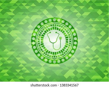 stethoscope icon inside realistic green emblem. Mosaic background